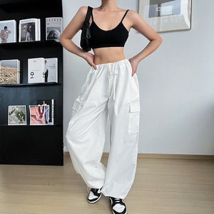 Autumn High-waisted Casual Pants European And American Women's Wide Legs Loose Large Size String Straight Leg Cargo Pants