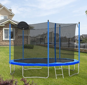 12FT Trampoline For Adults   Kids With Basketball Hoop, Outdoor Trampolines W Ladder And Safety Enclosure Net For Kids And Adults