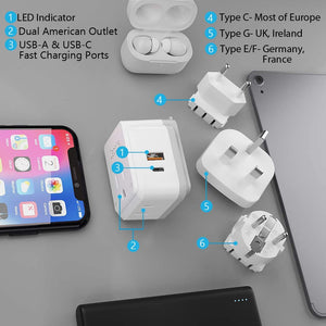 European Plug Travel Adapter Set, 20W PD & QC, Safe Dual USB & USB-C - 2 USA Socket - Compact - Use in Germany, France, Italy, UK - Includes Type E/F, Type C, Type G Swadapt Attachments